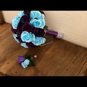 Brides bouquet Purple and blue roses Grooms Bout